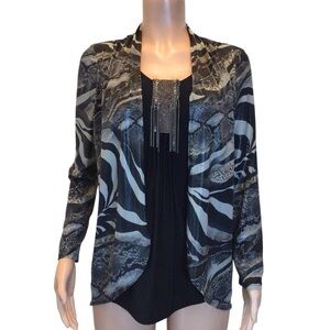 Frank Lyman Design Women’s Top Size 6 Black Gray Animal Print 2-in-1 Blouse